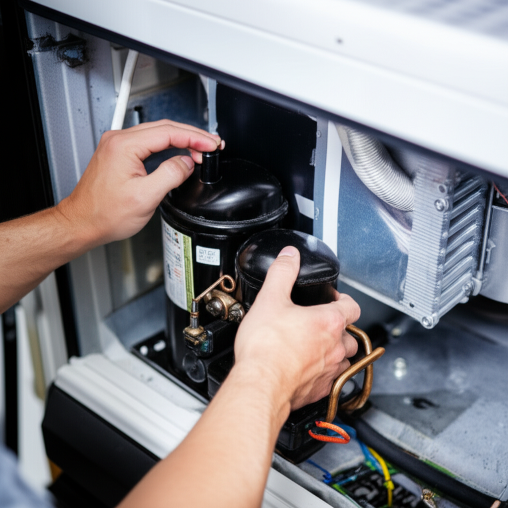 Technician replacing appliance parts